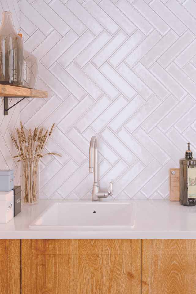 white subway tile in rustic wood kitchen